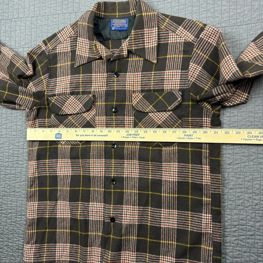 Vintage‎ Pendleton Board Shirt Men Medium Brown Wool Plaid Loop Camp Collar
